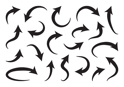 Set of different curve arrows, black collection. Vector illustration