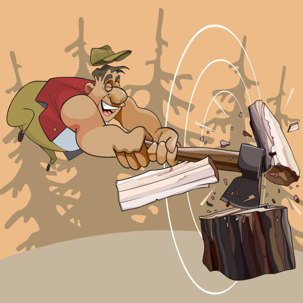 Cartoon Cheerful Man Chopping Wood With An Ax Stock Illustration