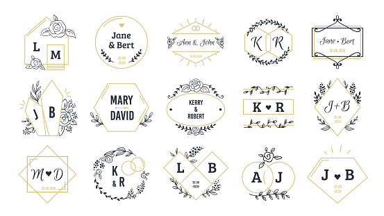 Wedding logos. Bohemian monograms for event invitation and wedding greeting cards with hand drawn elements. Vector set minimalist image name couple people