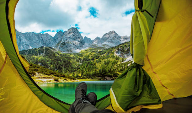 Beautiful Austrian countryside landscape view seen from inside a tent