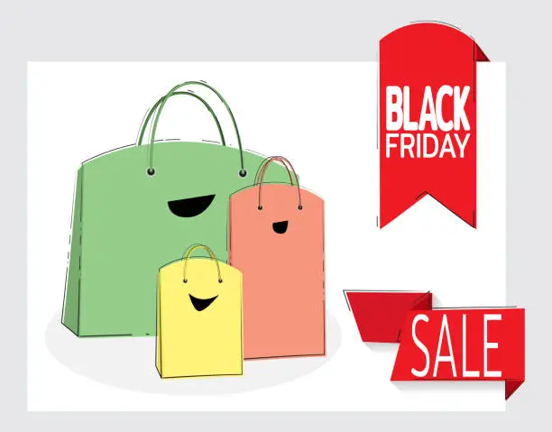 Vector illustration of Big sale. Black Friday banner. Paper bags like a happy family. Purchase of goods at sales. Template for designers. Vector illustration