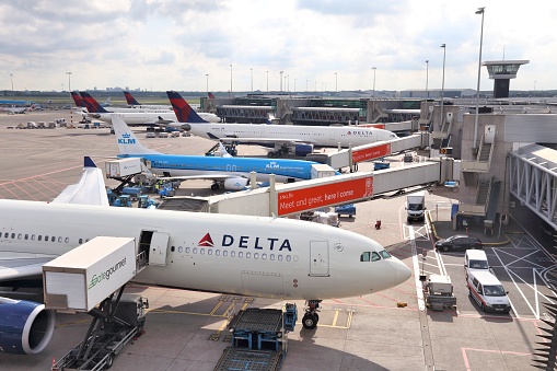Airlines at Schiphol Airport in Amsterdam. Schiphol is the 12th busiest airport in the world with more than 63 million annual passengers.