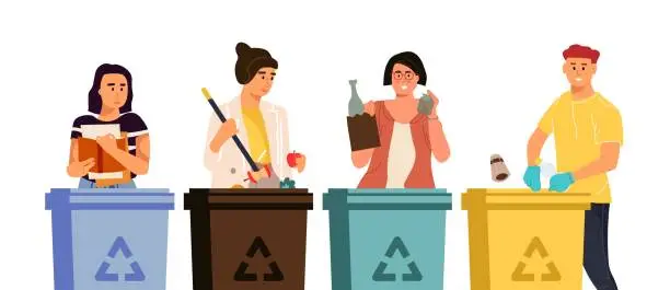 Vector illustration of 1907.m30.i210.n022.S.c12.1420564070 Recycling characters. Cartoon men and women putting trash in different containers, garbage sorting concept. Vector recycling