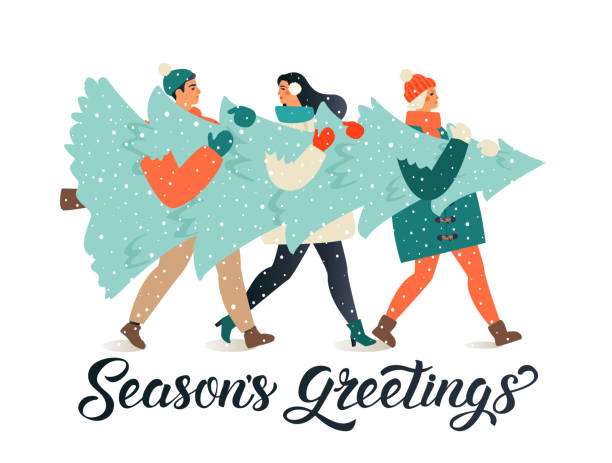 ilustrações de stock, clip art, desenhos animados e ícones de merry christmas and happy new year greeting card. people group carrying big xmas pine tree together for holiday season with ornament decoration, gifts. - winter men joy leisure activity