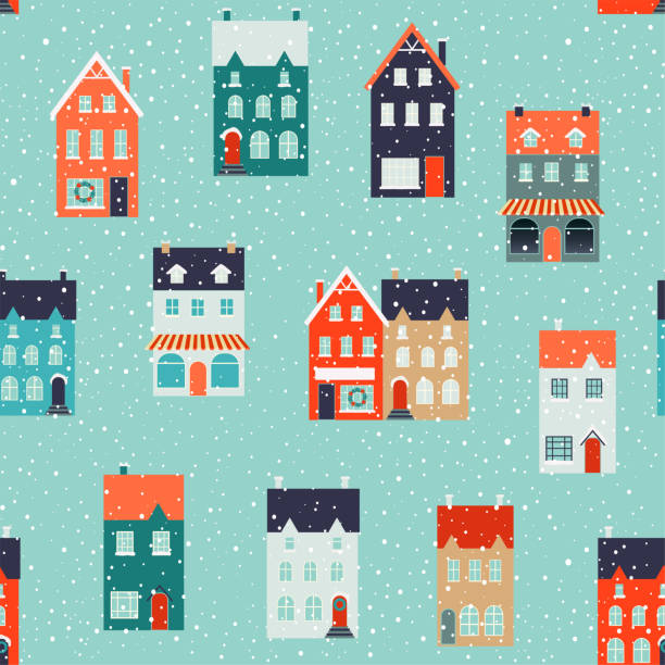 domy zimowe na boże narodzenie i boże narodzenie tkaniny i wystrój. bezszwowy wzór. - seamless house pattern town stock illustrations