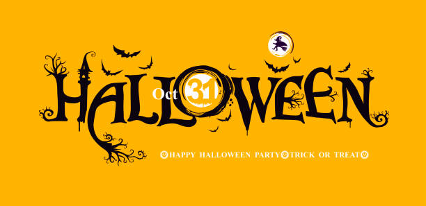 Halloween horizontal banner with festive vector logo. HAPPY HALLOWEEN Halloween horizontal banner with festive vector logo. HAPPY HALLOWEEN, Trick or Treat. The inscription with ominous tree branches, bats and a pretty witch on a background of the full moon. magic mouse stock illustrations