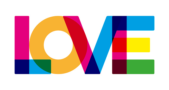 Love text in colorful style. Geometric and flat. Vector illustration.