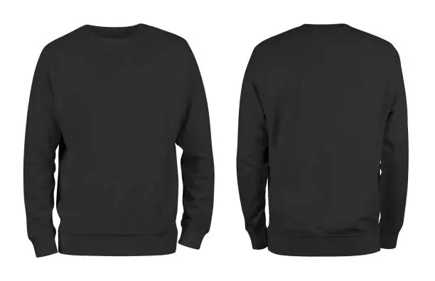 Photo of Men's black blank sweatshirt template,from two sides, natural shape on invisible mannequin, for your design mockup for print, isolated on white background