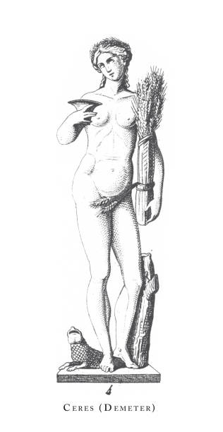 ilustrações, clipart, desenhos animados e ícones de ceres (demeter), deuses gregos e romanos e parafernália religiosa gravura antiga ilustração, publicado 1851 - classical greek roman statue warrior