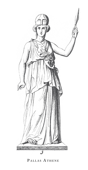 Pallas Athene, Greek and Roman Gods and Religious Paraphernalia Engraving Antique Illustration, Published 1851. Source: Original edition from my own archives. Copyright has expired on this artwork. Digitally restored.