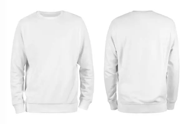 Photo of Men's white blank sweatshirt template,from two sides, natural shape on invisible mannequin, for your design mockup for print, isolated on white background