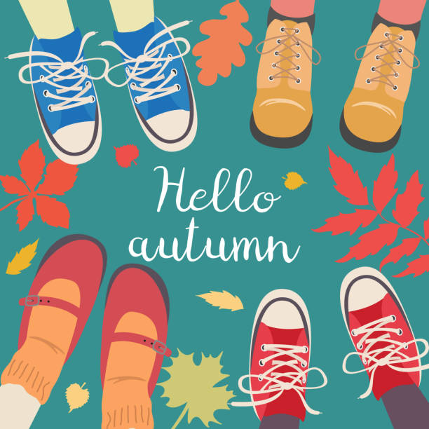 Legs and falling leaves around. Legs and falling leaves around. Hello Autumn concept. Vector illustration. walking backgrounds stock illustrations