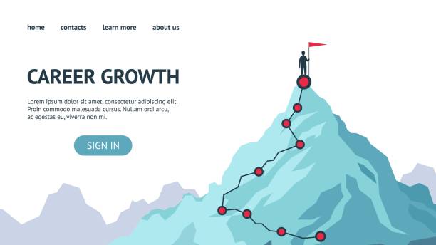 Career growth landing page. Process journey to success. Climbing to the top of mountains. Vector flat modern illustration success, achievment, motivation business Career growth landing page. Process journey to success. Climbing to the top of mountains. Vector flat modern illustration success, achievment, motivation personal growth in business life events stock illustrations