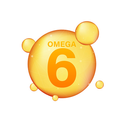 Omega 6 gold icon. Vitamin drop pill capsule. Shining golden essence droplet. Vector stock illustration.