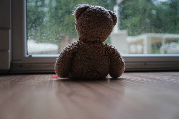 istock Teddy bear toy sitting by a large window looking out 1178382548