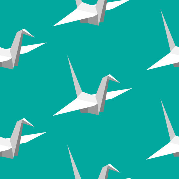 ilustrações de stock, clip art, desenhos animados e ícones de seamless vector pattern with paper cranes or origami on green background. - origami crane