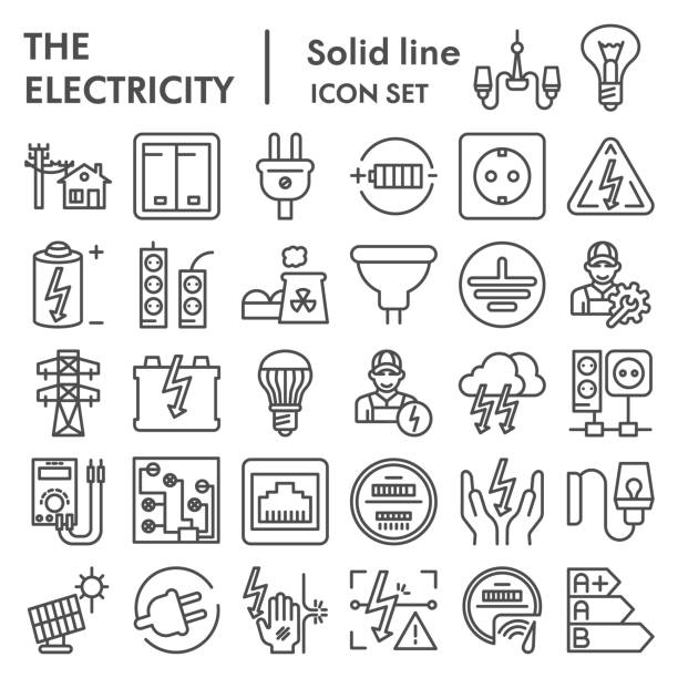 ilustraciones, imágenes clip art, dibujos animados e iconos de stock de conjunto de iconos de línea de electricidad, colección de símbolos de potencia, bocetos vectoriales, ilustraciones de logotipos, signos de energía eléctrica paquete de pictogramas lineales aislados sobre fondo blanco, eps 10. - instalación eléctrica