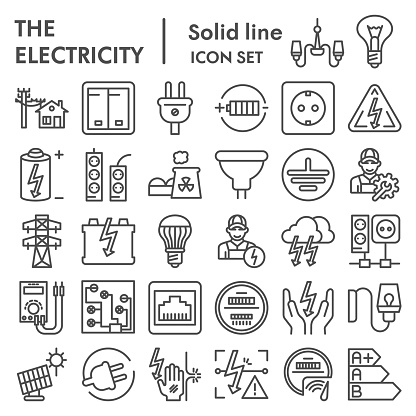 Electricity line icon set, power symbols collection, vector sketches, logo illustrations, electrician energy signs linear pictograms package isolated on white background, eps 10