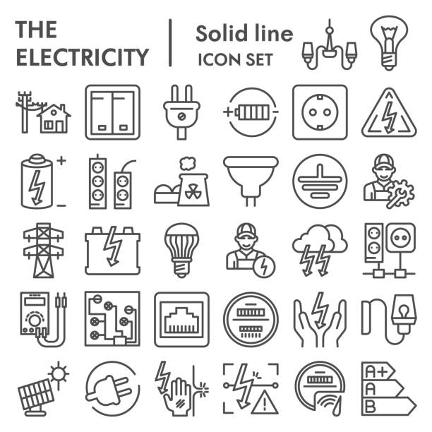 Electricity line icon set, power symbols collection, vector sketches, logo illustrations, electrician energy signs linear pictograms package isolated on white background, eps 10. Electricity line icon set, power symbols collection, vector sketches, logo illustrations, electrician energy signs linear pictograms package isolated on white background, eps 10 lightning tower stock illustrations