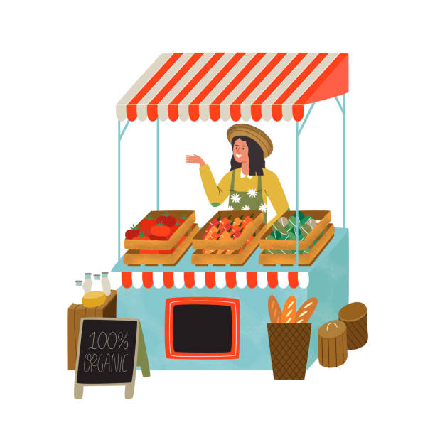 Farmer market stall woman selling organic food Farmers market stall with happy farmer woman worker selling organic vegetables and food. Modern flat cartoon illustration on isolated background. market vendor stock illustrations