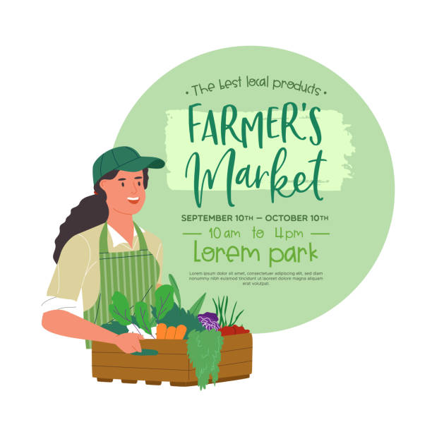 Farmers market happy farm woman poster template Farmer's market event template for organic food and farming product sale. Happy farm worker woman holding vegetable crate in flat cartoon style. agricultural fair stock illustrations