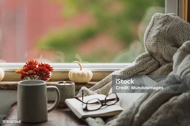A Cozy Reading Nook In The Fall With A Blanket And Coffee Stock Photo - Download Image Now