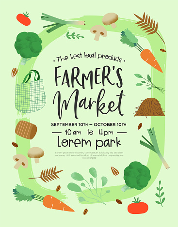 Farmer's market event template for organic food and farming product sale with green vegetable icons in hand drawn style.