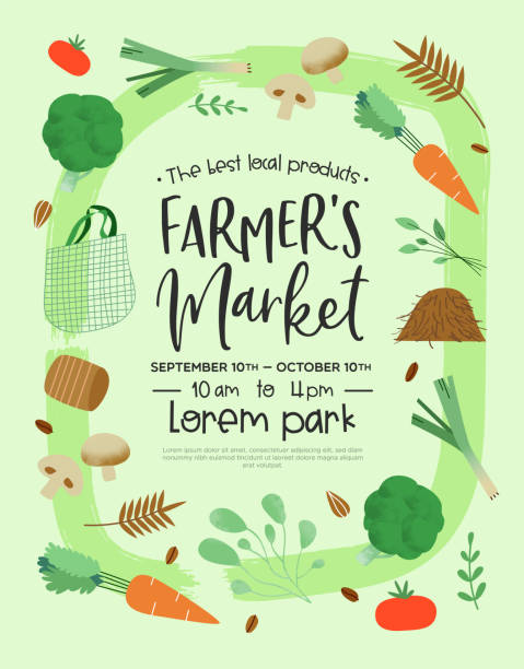 Farmers market poster template of green vegetables Farmer's market event template for organic food and farming product sale with green vegetable icons in hand drawn style. farmers market stock illustrations