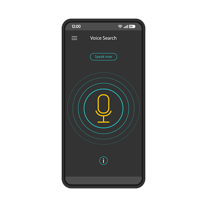 Speech recognition smartphone interface vector template. Voice search. Mobile app interface black design layout. screen. Voice action and control. Flat UI for application. Phone display with microphone