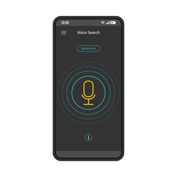 Speech recognition smartphone interface vector template Speech recognition smartphone interface vector template. Voice search. Mobile app interface black design layout. screen. Voice action and control. Flat UI for application. Phone display with microphone podcast mobile stock illustrations