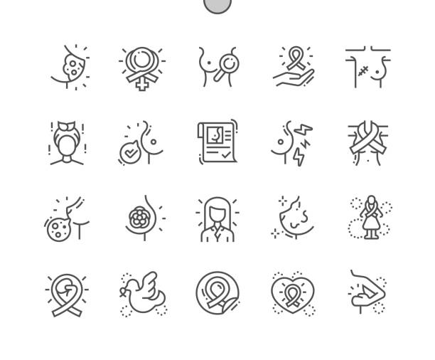 kuvapankkikuvitukset aiheesta rintasyöpä hyvin muotoiltu pixel perfect vector thin line icons 30 2x grid web-grafiikalle ja sovelluksille. yksinkertainen minimaalinen kuvamerkki - rinnat
