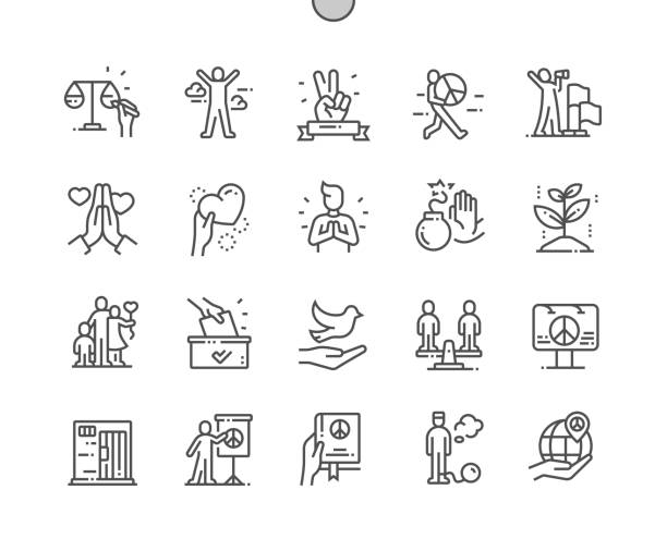 평화와 인권 잘 만들어진 픽셀 완벽한 벡터 얇은 라인 아이콘 30 웹 그래픽 및 응용 프로그램을위한 그리드 2x. 간단한 최소한의 그림 - moving down symbol computer icon people stock illustrations