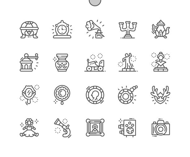 ilustrações, clipart, desenhos animados e ícones de antiguidades bem trabalhada pixel perfect vector ícones thin line 30 2x grid para web graphics e apps. pictograma mínimo simples - ancient weapon audio