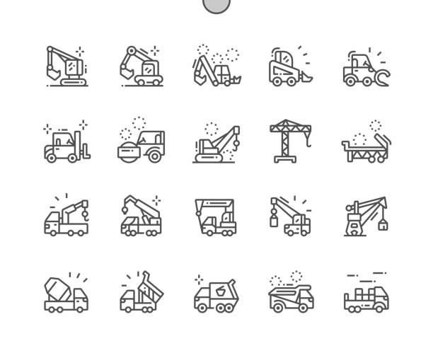 ilustrações, clipart, desenhos animados e ícones de máquinas especiais bem trabalhada pixel perfect vector linha fina ícones 30 2x grid para web graphics e apps. pictograma mínimo simples - hydraulic platform illustrations