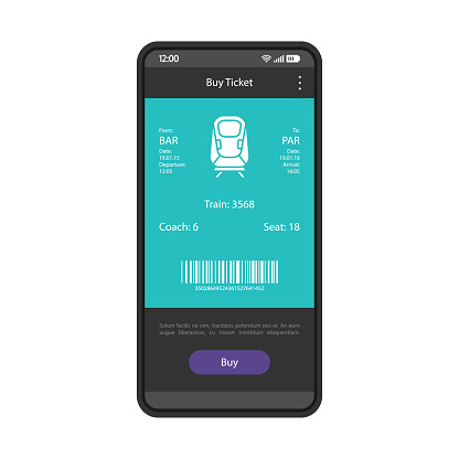 Online ticket booking and buying app interface vector template. E-tickets ordering. Mobile application page black design layout. Electronic train ticket on screen. Flat UI.  Phone display