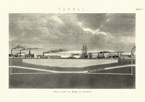 Illustration of Tunnel under the Mersey, Liverpool, 19th Century Vintage engraving of an Illustration of Tunnel under the Mersey, Liverpool, 19th Century river mersey northwest england stock illustrations