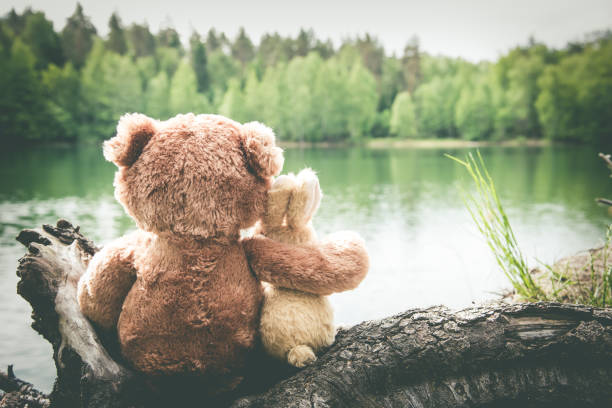 istock True friends, bunny and teddy bear are sitting side by side at lake, dreaming and remembering. Look forward. Back view 1178392441