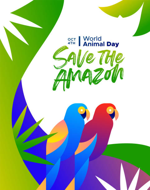 World animal day poster amazon forest parrot birds Save the Amazon illustration for world animal day, rainforest deforestation awareness concept. Colorful brazilian macaw birds in modern vibrant flat gradient style. amazonia stock illustrations