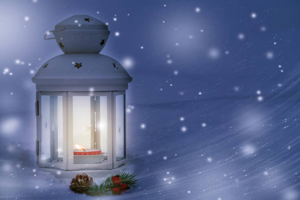 istock Christmas composition - a lantern with a burning candle under the Christmas tree, copy space, place for text 1178393262