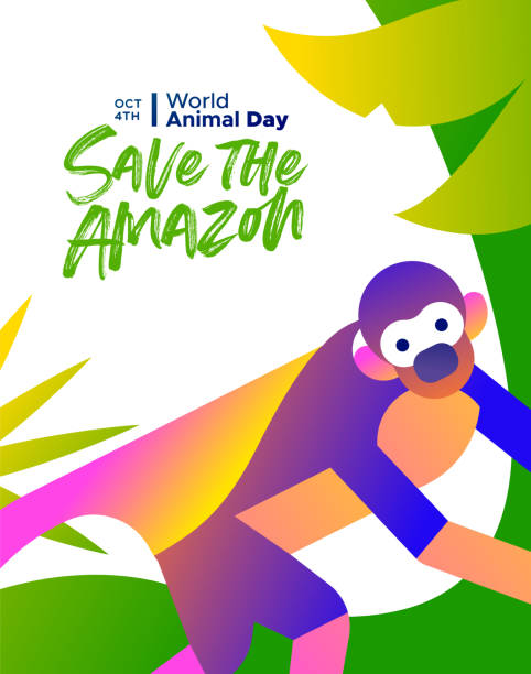 World animal day poster amazon forest monkey Save the Amazon illustration for world animal day, endangered species conservation concept. Brazilian rainforest squirrel monkey in modern colorful flat gradient style. amazonia stock illustrations