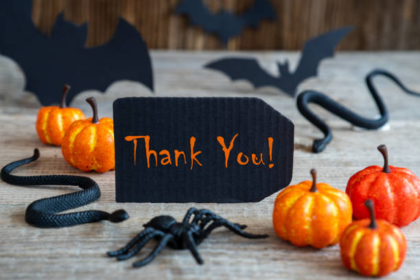 Black Label With English Text Thank You. Scary Halloween Decoration Like Bat, Snake And Spider