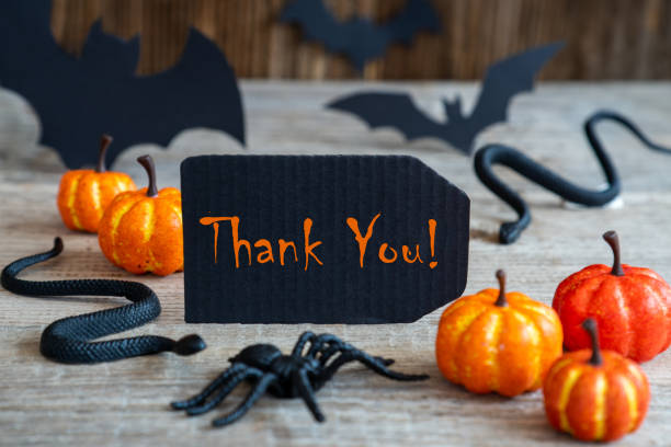 Black Label, Text Thank You, Scary Halloween Decoration stock photo