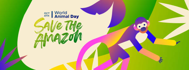Animal day banner amazon forest squirrel monkey Save the Amazon web banner illustration for world animal day, endangered species conservation concept. Brazilian rainforest squirrel monkey in modern colorful flat gradient style. amazonia stock illustrations