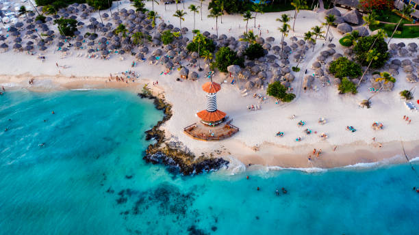 Aerial photo of Lighthouse in Bayahibe, Dominican republic. Dominican Republic Bayahibe beach Lighthouse aerial photo by drone. Crystal clear sea with beautiful beach. - Image, Wallpaper greater antilles stock pictures, royalty-free photos & images