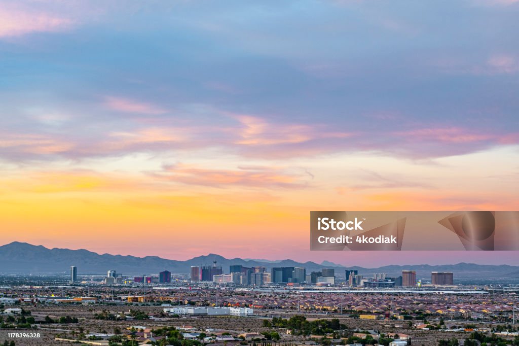 Las Vegas Valley Panorama at Dusk Panoramic view of Las Vegas at sunset Las Vegas Stock Photo
