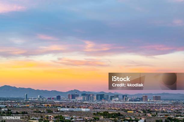 Las Vegas Valley Panorama At Dusk Stock Photo - Download Image Now - Las Vegas, Urban Skyline, Sunset