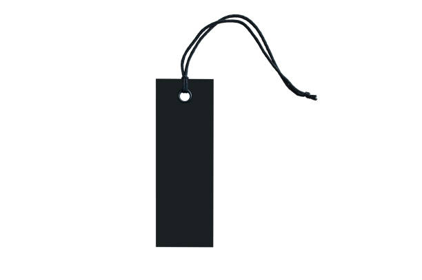 Black tag for clothes with a ring on a lace. Close-up. White isolate