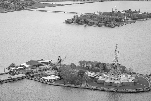 Statue of Liberty aerial view, Statue of Liberty New York city from above black and white