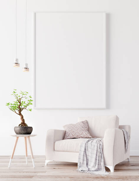 istock Mock up poster on white wall, white modern furniture, minimal interior design 3D Render 1178404416