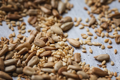 Black sunflower seeds in a bowl,overhead view